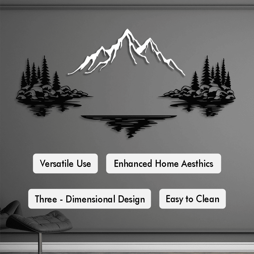 Versatile use, enhanced home aesthetics, three-dimensional design, easy-to-clean mountain lake metal wall art with trees and reflections, providing a modern and stylish look.