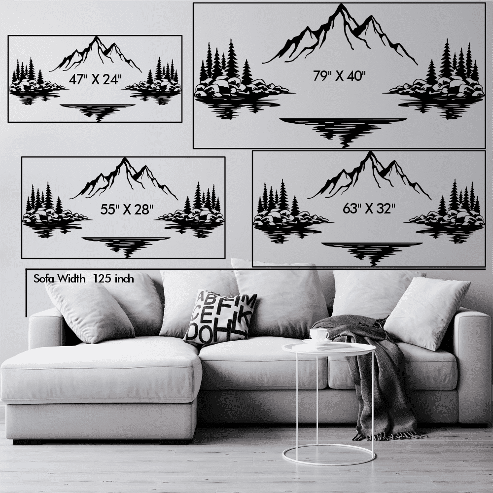 Versatile three-dimensional mountain lake metal wall art displayed in various sizes above a sofa for scale, including dimensions: 47" x 24", 79" x 40", 55" x 28", and 63" x 32".