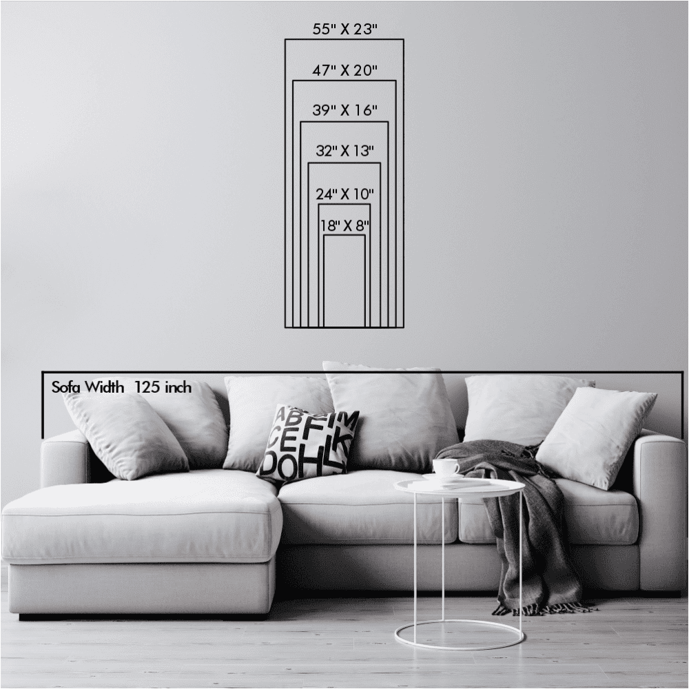  Size chart displaying vertical dimensions ranging from 55"x23" to 18"x8" over a wall with a sofa width of 125 inches for scale reference.