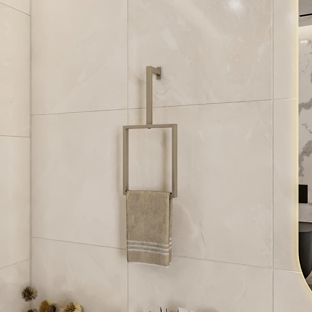 Wall-mounted satin nickel vertical towel rack holding a beige towel, displayed in a modern bathroom with light-colored tiles and minimalistic decor.