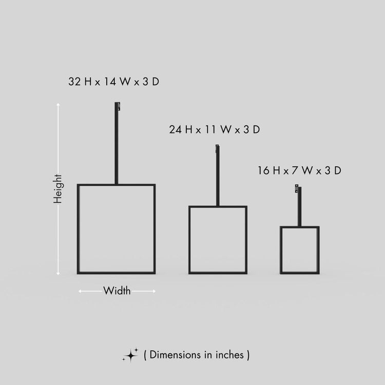 Diagram showing three sizes of vertical towel racks with dimensions labeled: 32 H x 14 W x 3 D, 24 H x 11 W x 3 D, and 16 H x 7 W x 3 D, with measurements in inches.