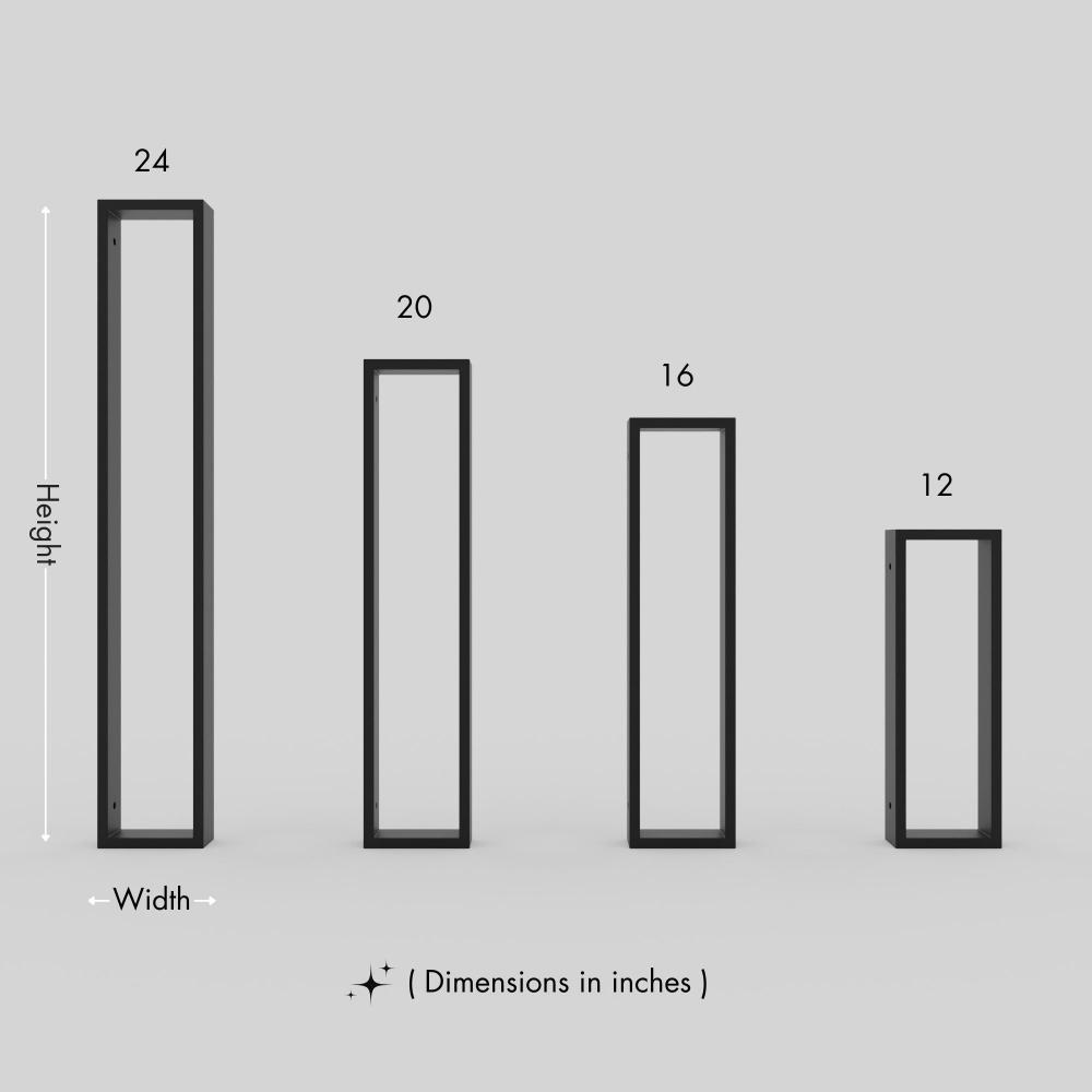 Four vertical metal frames of different heights displayed against a plain gray background, labeled with their respective heights in inches: 24, 20, 16, and 12. Each frame has a minimalist, rectangular design, with dimensions noted as "height" and "width."