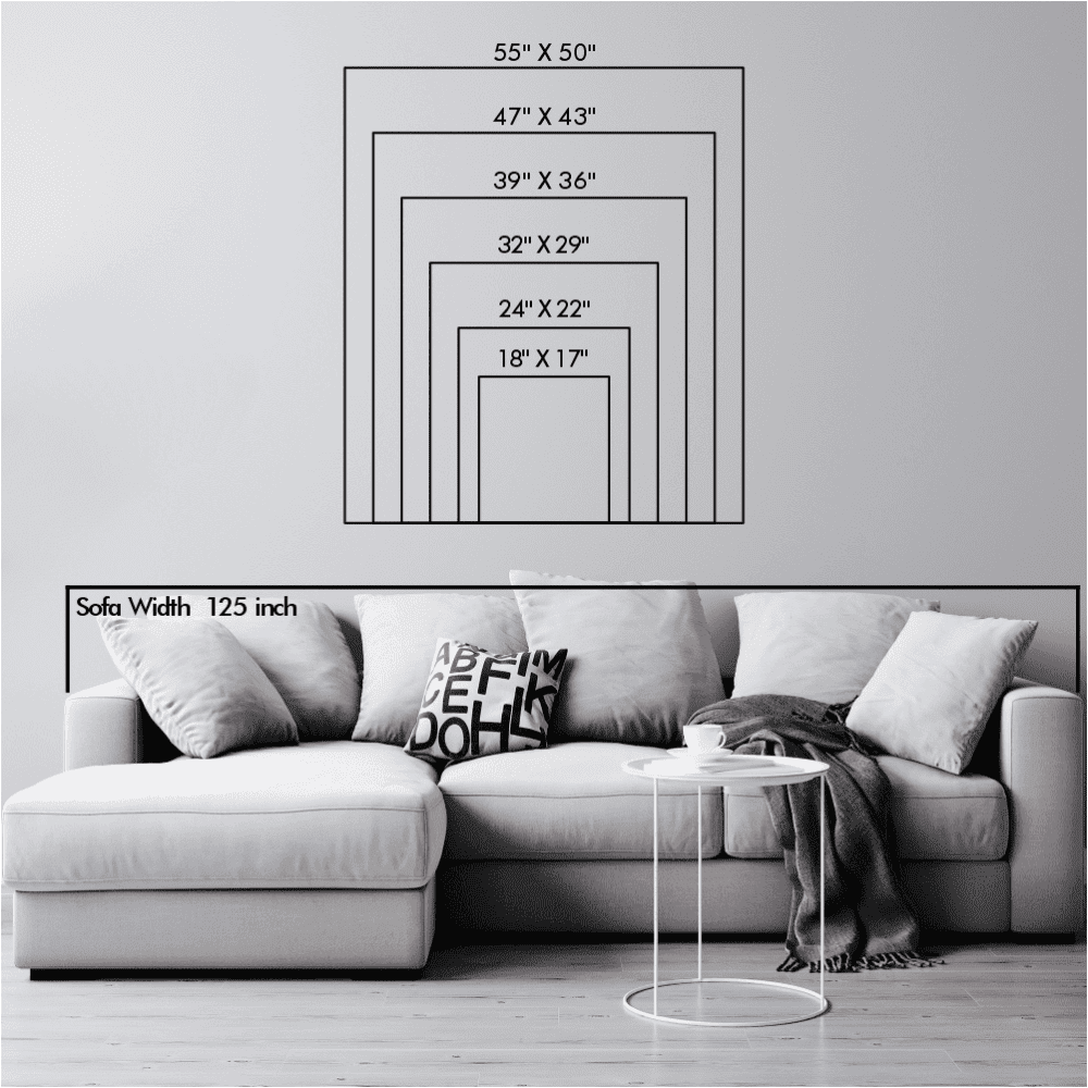 Size chart illustration showing wall art dimensions ranging from 18"x17" to 55"x50", displayed above a modern sofa with a width of 125 inches. The setup highlights proportional scaling for different wall art sizes in a clean, minimalist living room setting.