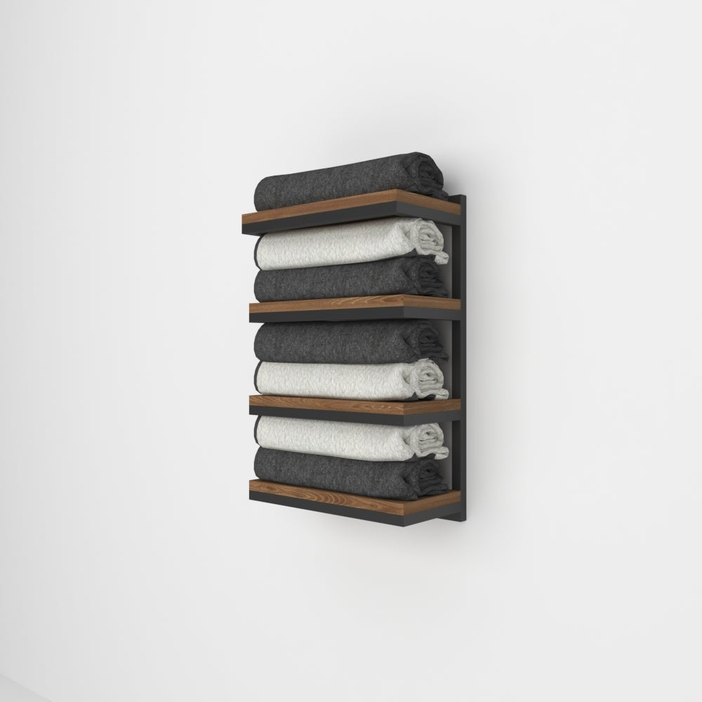 A wall-mounted 4-tier towel stacker featuring black metal and wood, elegantly holding rolled towels in a minimalist setting with clean white walls.