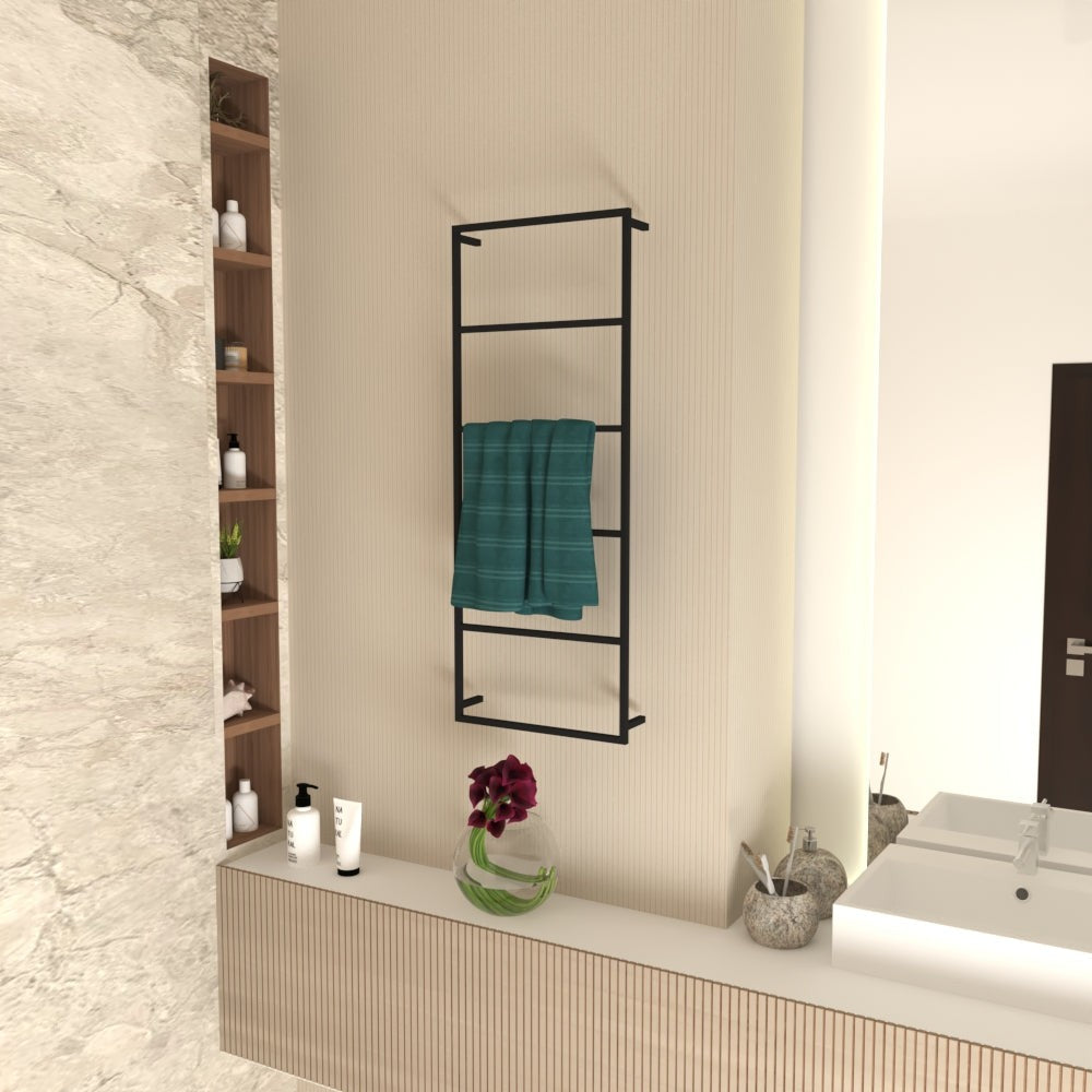 Wall-mounted 6-tier towel holder with a minimalist black metal frame, holding a folded teal towel, situated in a modern bathroom with beige walls and a marble accent.