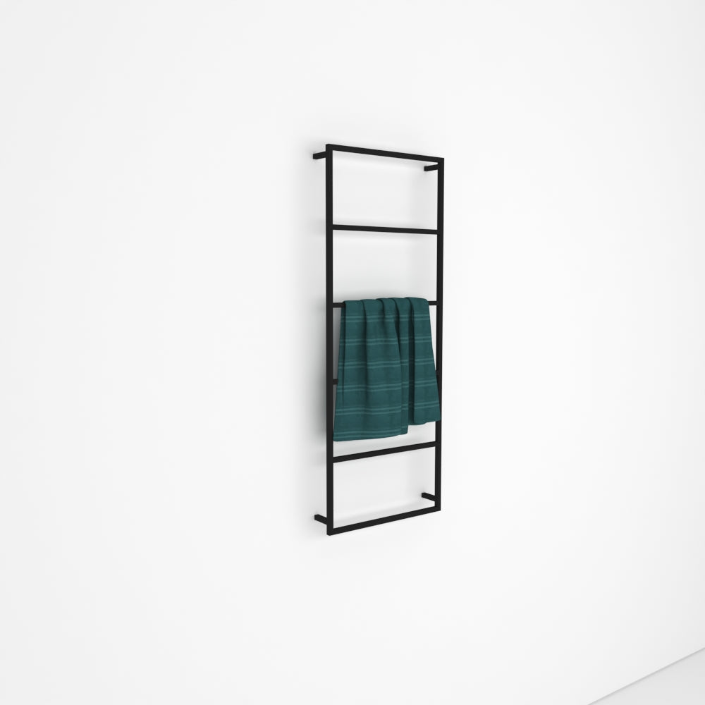 Wall-mounted 6-tier towel holder with a sleek black metal frame, holding a folded teal towel, displayed against a plain white wall for a minimalist look.