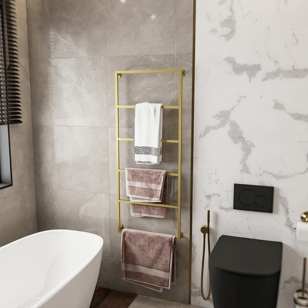 A modern bathroom featuring a wall-mounted, gold 6-tier towel holder. This elegant and functional towel rack offers ample space for organizing towels, adding a touch of luxury and sophistication to the bathroom's decor. The gold finish enhances the overall aesthetic, complementing the contemporary design of the space.