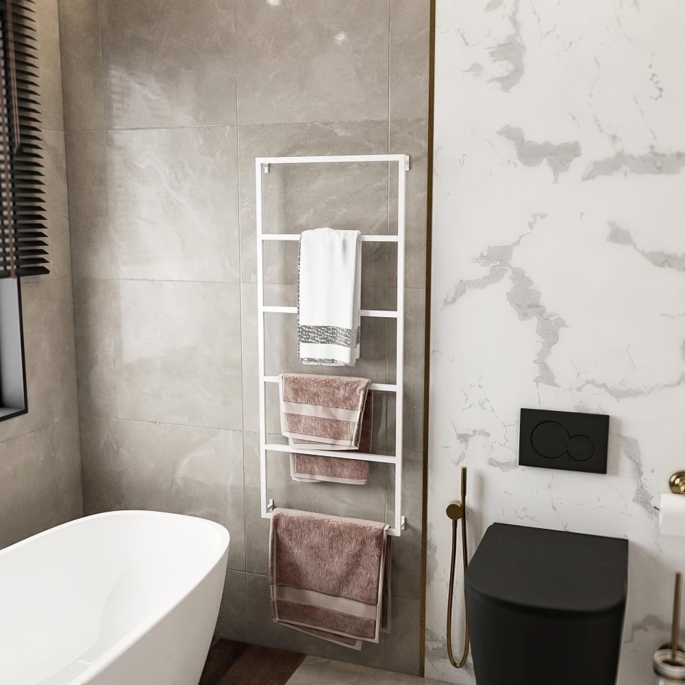 A modern bathroom featuring a wall-mounted, white 6-tier towel holder. This elegant and functional towel rack keeps towels organized and easily accessible. Its minimalist design and sleek appearance add a clean and contemporary touch to the bathroom.