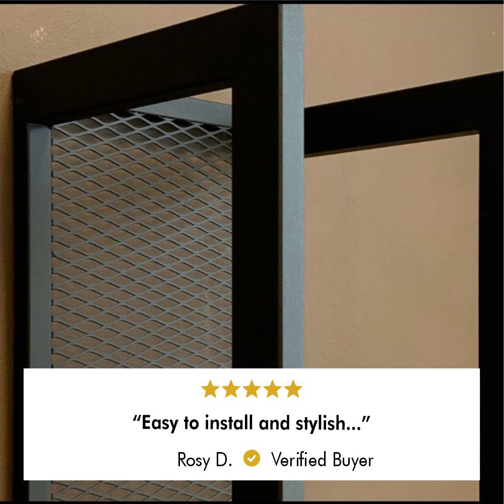 Close-up of the wall-mounted firewood holder's sleek black metal frame and durable mesh, showcasing its minimalist and stylish design. This piece is highlighted by a 5-star review: "Easy to install and stylish..." – Rosy D., Verified Buyer.