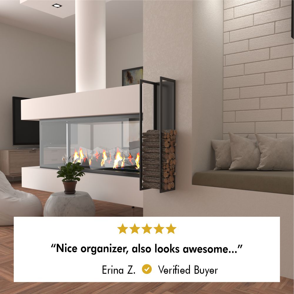 Wall-mounted firewood holder in a modern living room setting, placed next to a sleek fireplace with stacked logs, adding a functional yet stylish touch. Highlighted by a 5-star review: "Nice organizer, also looks awesome..." – Erina Z., Verified Buyer.