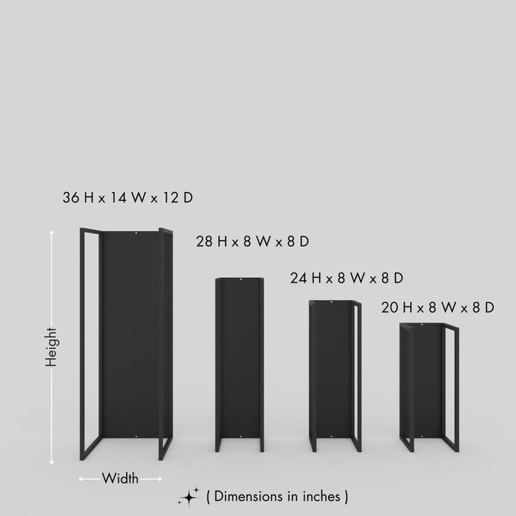 A size comparison chart showcasing four black wall-mounted firewood rack frames with dimensions labeled in inches. The heights are 36 H x 14 W x 12 D, 28 H x 8 W x 8 D, 24 H x 8 W x 8 D, and 20 H x 8 W x 8 D, displayed on a light gray background.