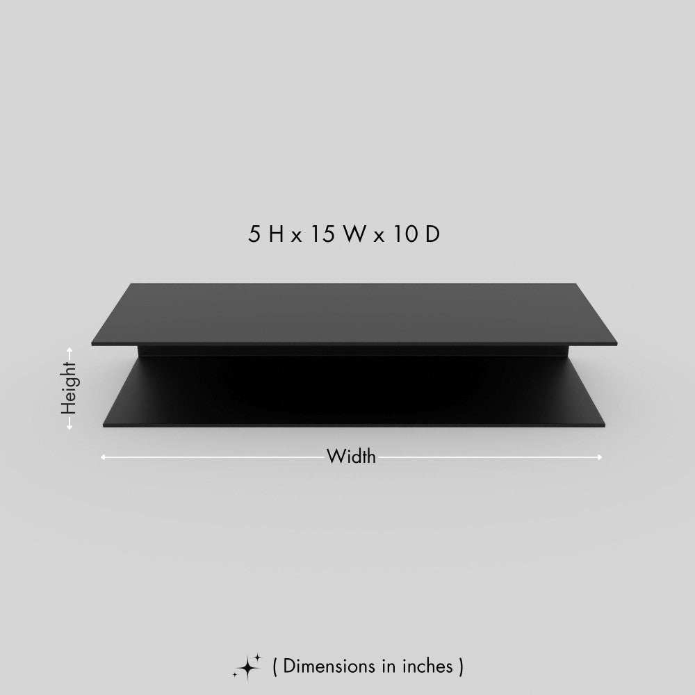 A close-up view of a single black shelf from the shoe rack, labeled with dimensions 5 inches high, 15 inches wide, and 10 inches deep.