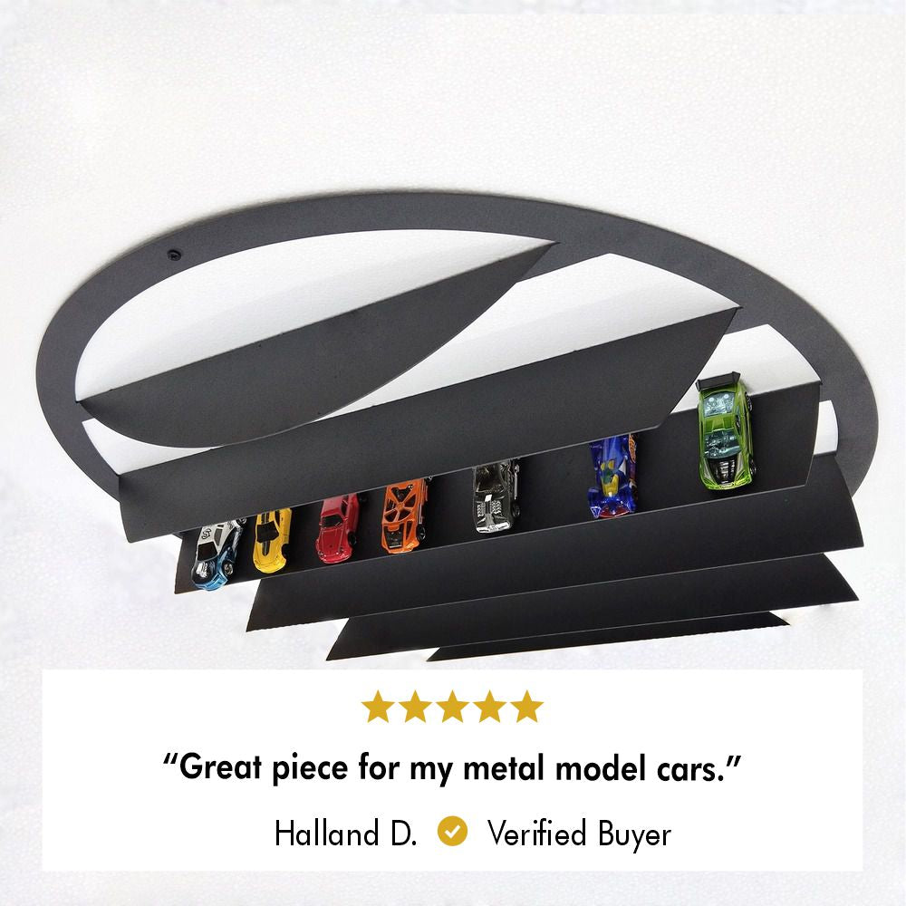 Black metal wall-mounted shelf with horizontal tiers, perfect for a model car collection display.