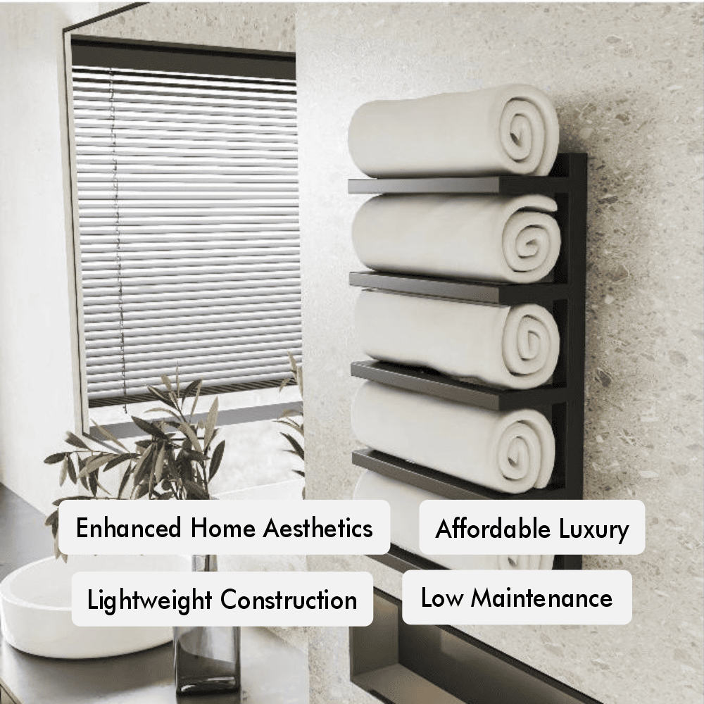 Wall-mounted metal towel rack in a modern bathroom, holding neatly rolled towels with labels indicating 'Enhanced Home Aesthetics,' 'Affordable Luxury,' 'Lightweight Construction,' and 'Low Maintenance.'