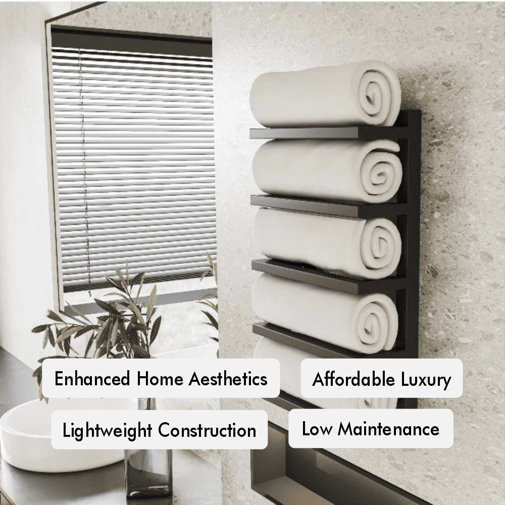 Wall-mounted black metal towel rack with five tiers, holding rolled white towels in a modern bathroom, highlighting features such as 'Enhanced Home Aesthetics,' 'Affordable Luxury,' 'Lightweight Construction,' and 'Low Maintenance.