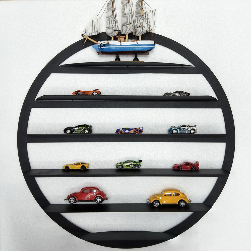 Modern round shelf crafted from metal, wall-mounted for displaying model cars and collectibles.