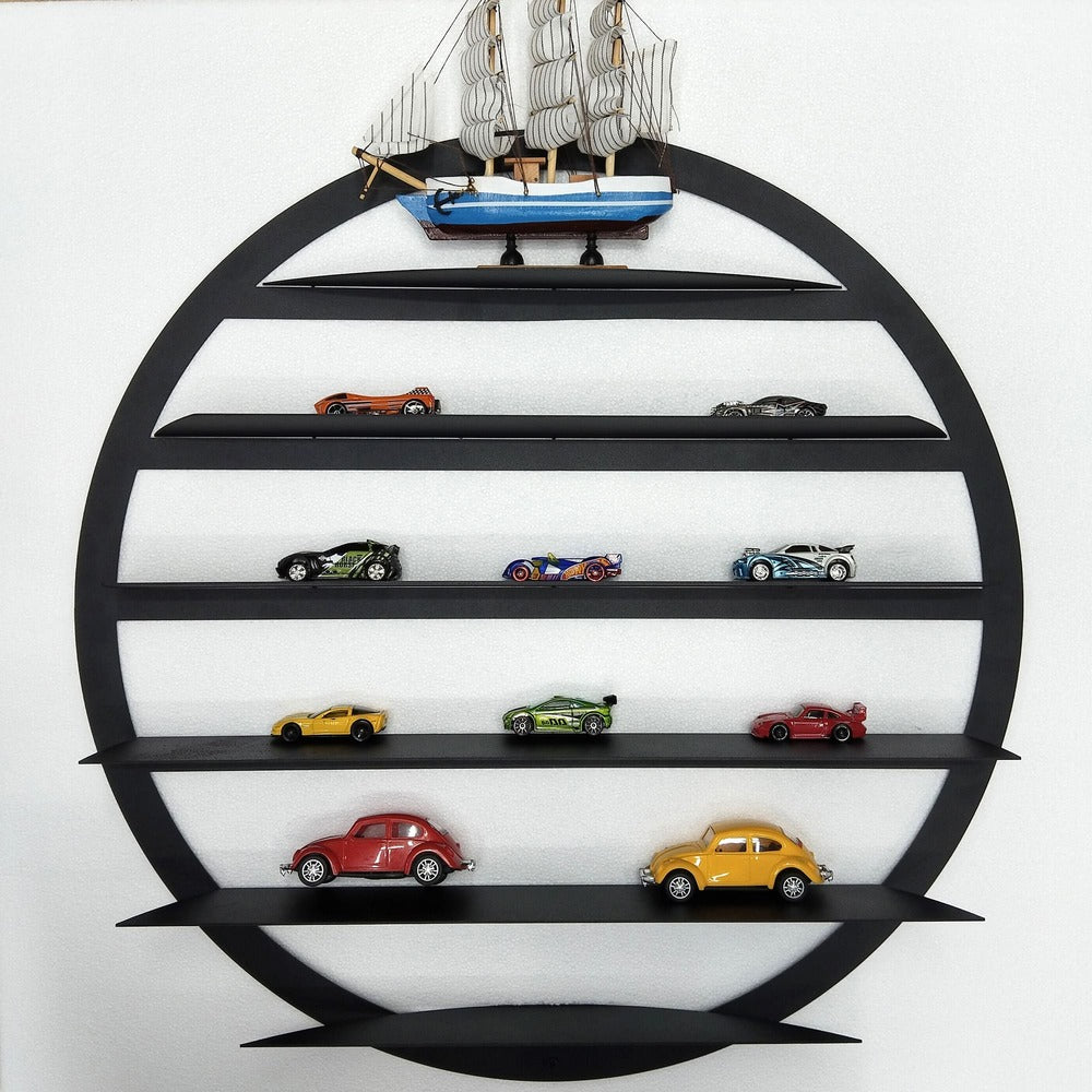 Modern round shelf crafted from metal, wall-mounted for displaying model cars and collectibles.