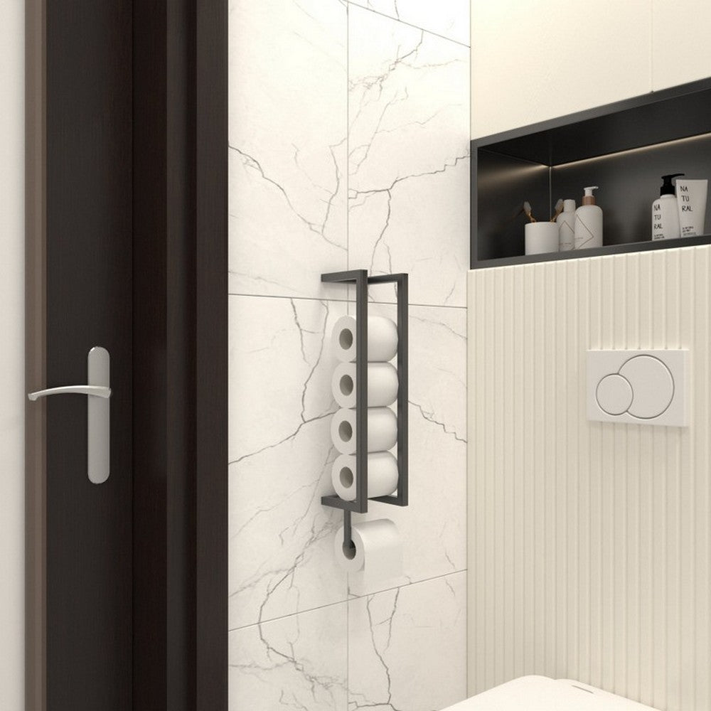 A black wall-mounted toilet paper holder installed in a modern bathroom with white marble tiles, featuring a sleek design that holds multiple toilet paper rolls vertically for storage and convenience.