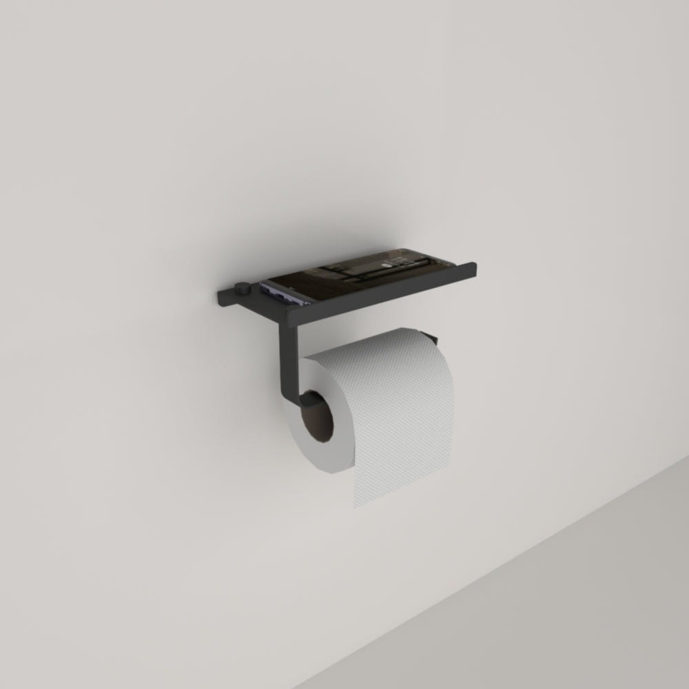 Black wall-mounted toilet paper holder with a shelf for a smartphone, displayed against a plain wall.