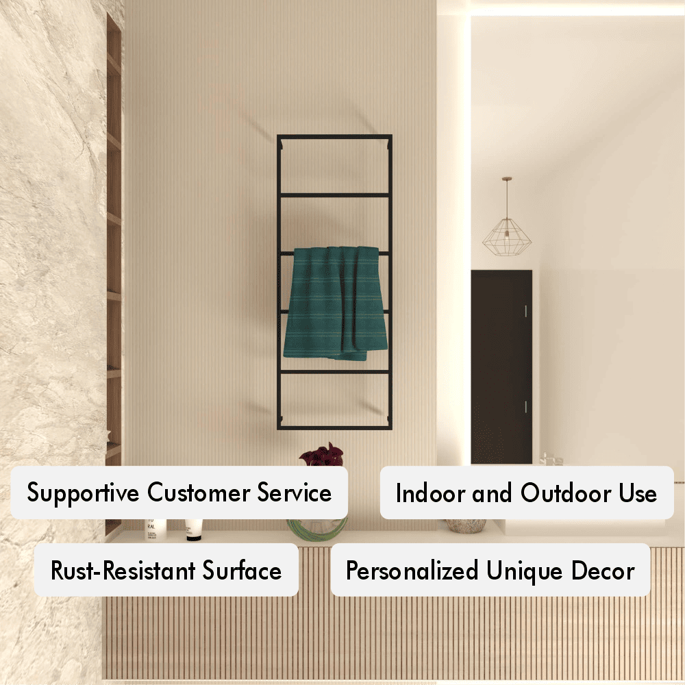 Wall-mounted towel rack with a modern design featuring a rust-resistant surface. The rack is suitable for both indoor and outdoor use, offers personalized unique decor, and comes with supportive customer service.