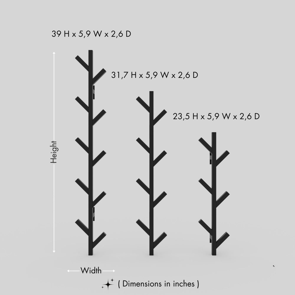 Size comparison chart for the wall-mounted tree-shaped coat racks, showing three different dimensions: 39 inches in height, 5.9 inches in width, and 2.6 inches in depth; 31.7 inches in height, 5.9 inches in width, and 2.6 inches in depth; and 23.5 inches in height, 5.9 inches in width, and 2.6 inches in depth.