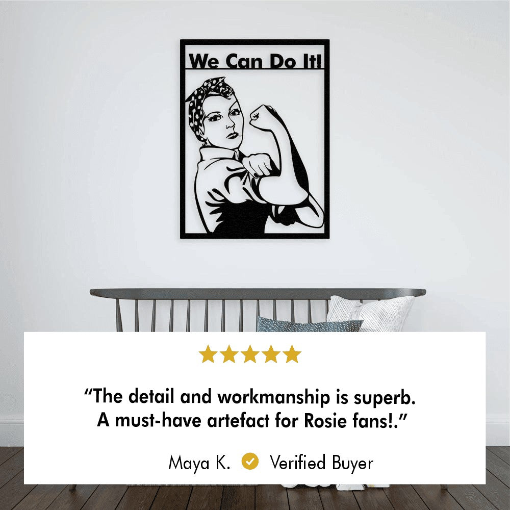 Metal wall art of "We Can Do It!" featuring Rosie the Riveter, placed above a bench, with a verified customer review praising the detail and workmanship.