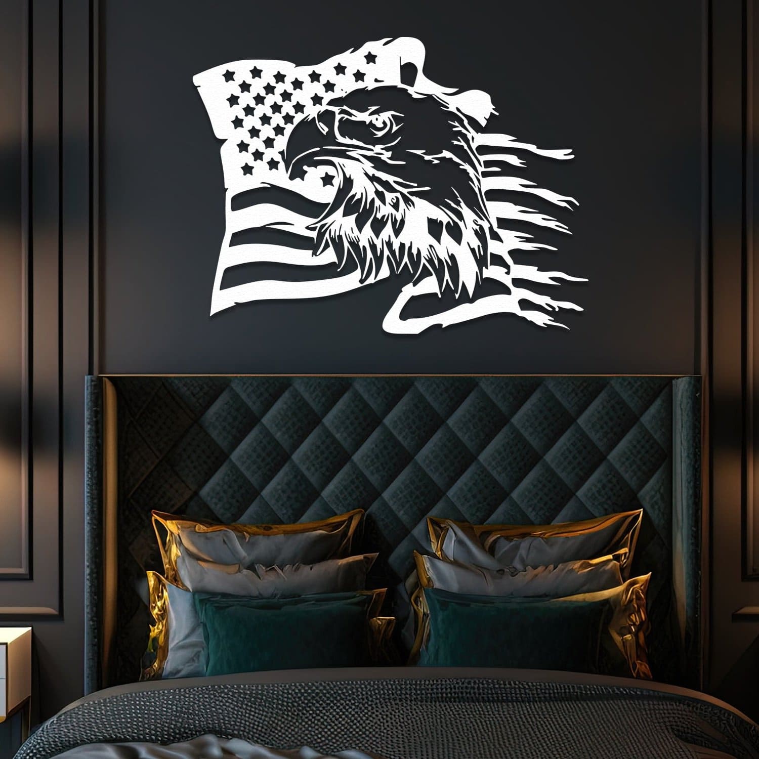 White American eagle and flag metal wall art displayed above a luxurious, dark quilted headboard in a bedroom, creating a bold and patriotic focal point.