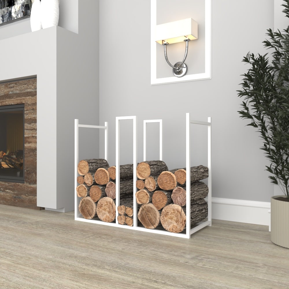 A white minimalist firewood holder with a contemporary design, placed next to a modern fireplace with wooden logs