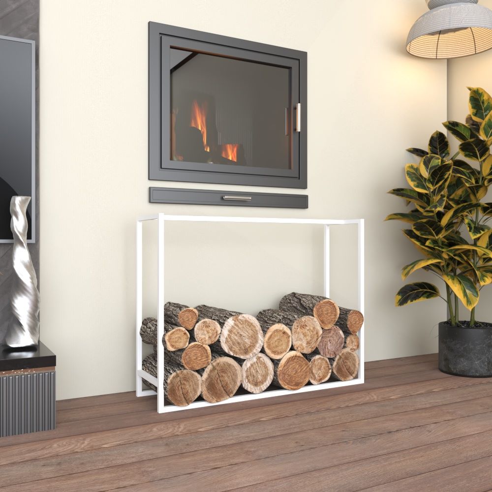 A white metal log holder in a cozy living room with a fireplace, rustic decor, and vibrant indoor plants.