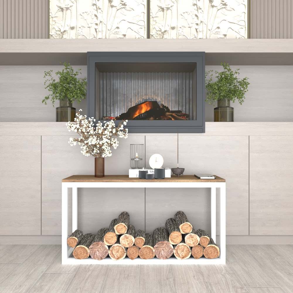 A white metal wood rack with a wooden top, elegantly placed under a modern fireplace, storing neatly arranged firewood logs below