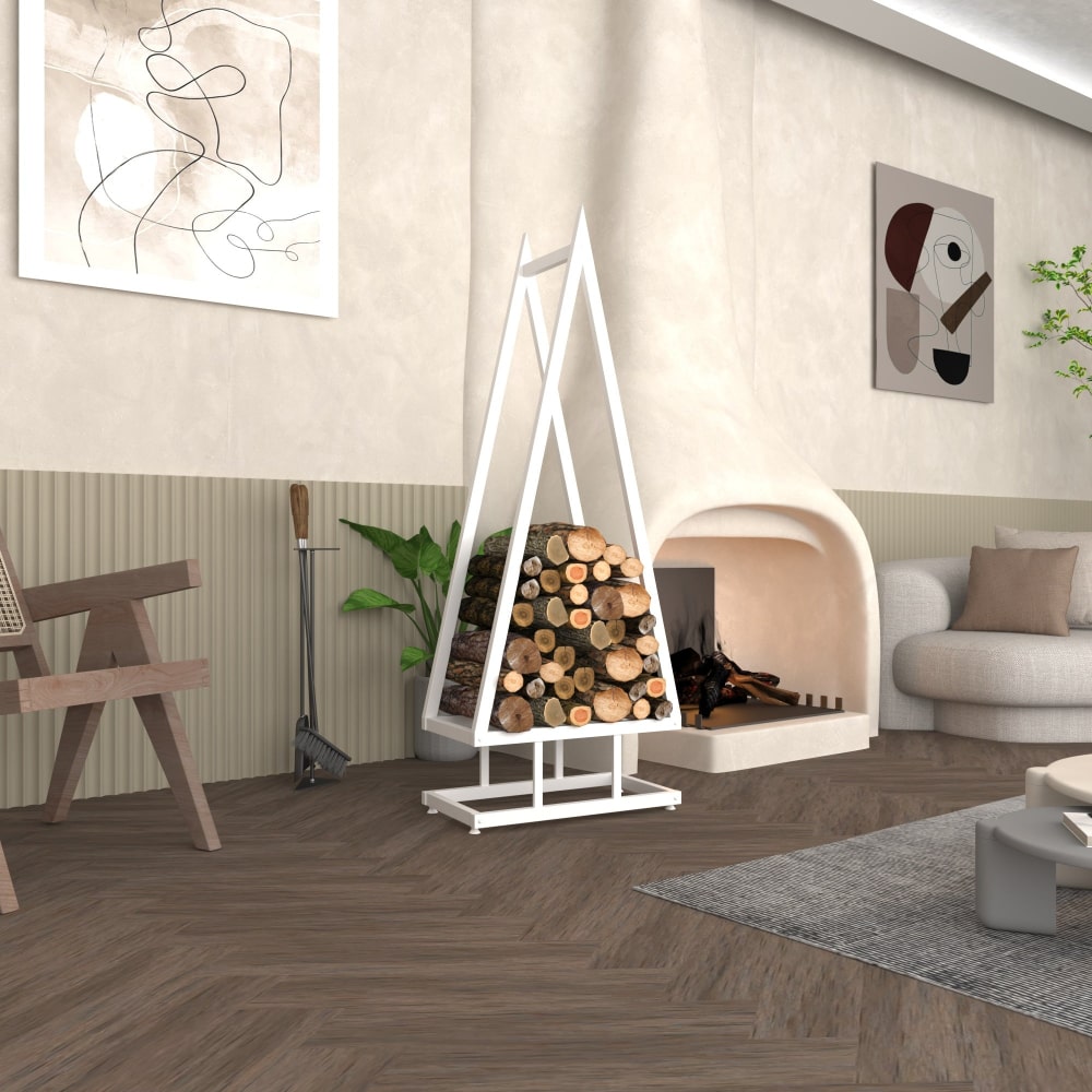 A white pine tree-shaped firewood rack placed in a stylish living room with beige walls and modern furniture, filled with firewood