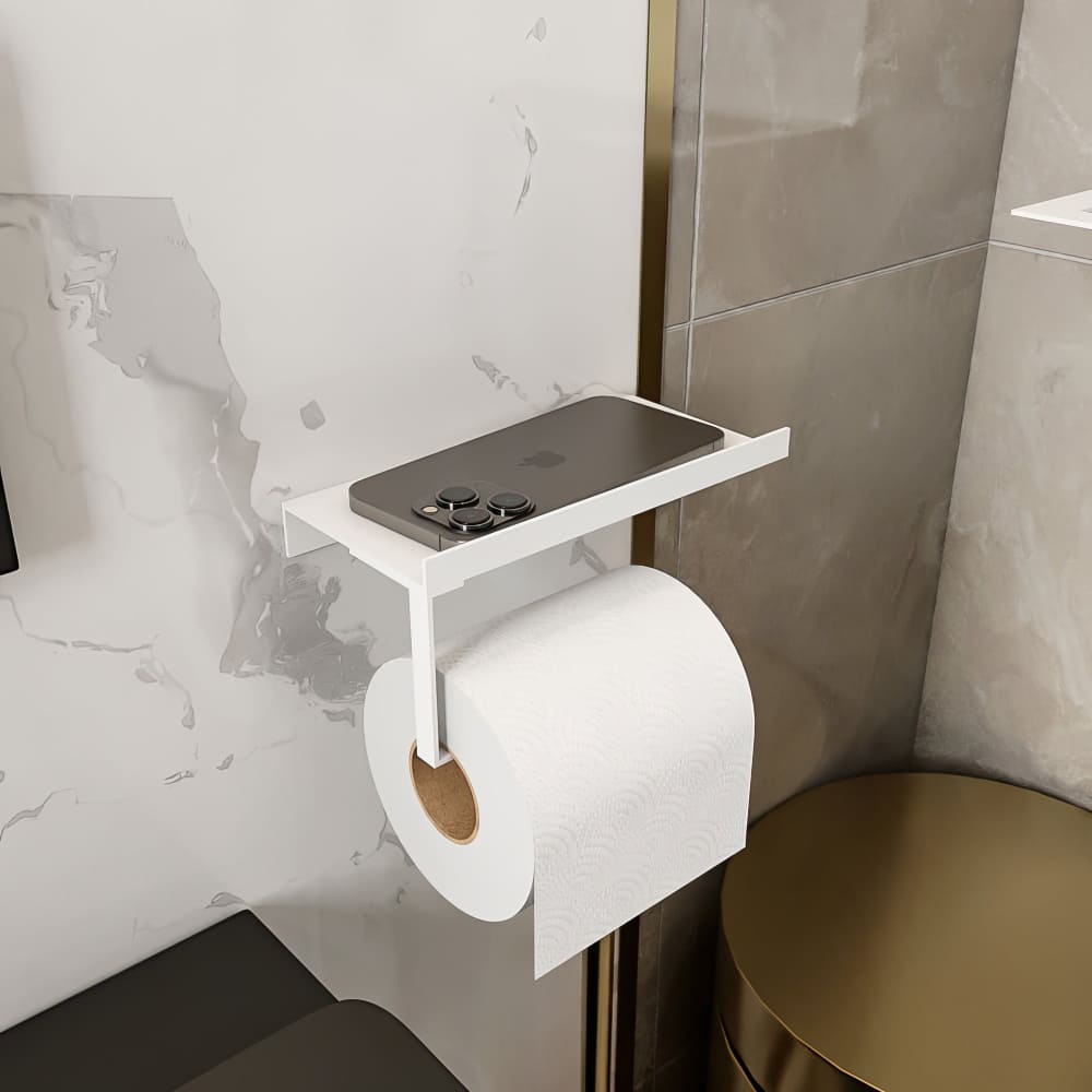 White wall-mounted toilet paper holder with a smartphone on its shelf, placed in a modern minimalist bathroom