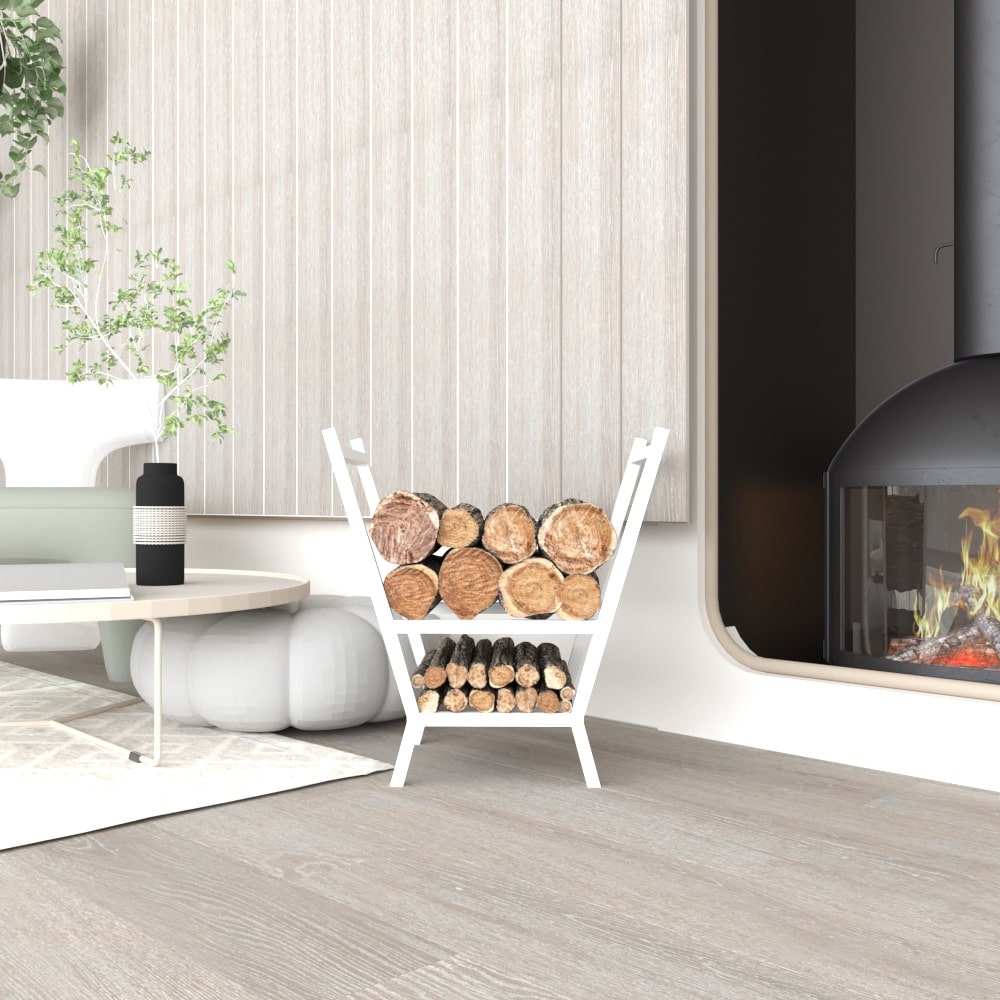 A modern living room featuring a white V-shaped metal wood rack filled with neatly stacked firewood, placed beside a cozy fireplace and a coffee table