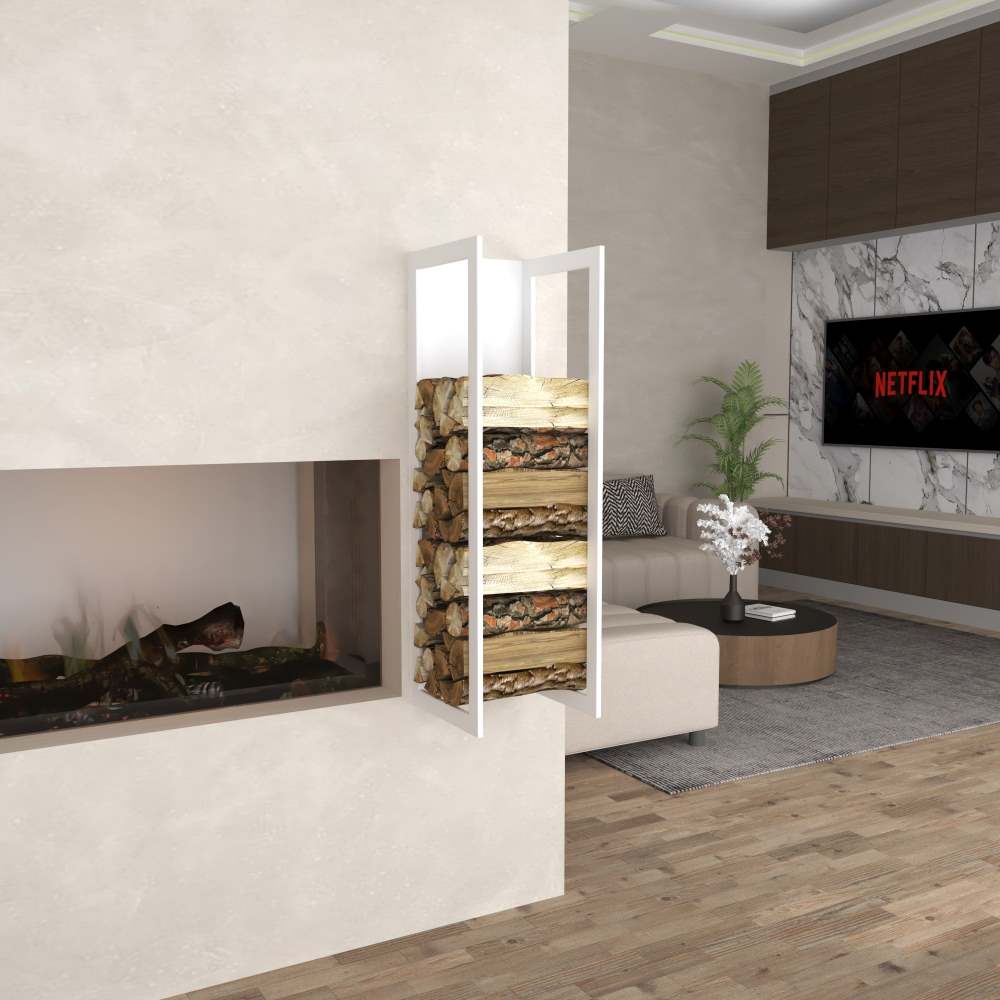 A white wall-mounted firewood rack filled with neatly stacked logs, placed beside a modern fireplace in a luxurious living room. The space features light wood flooring, a sleek entertainment unit with a Netflix display, and contemporary furniture, including a round coffee table and decorative plants.